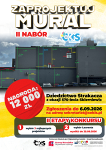 Plakat: ZAPROJEKTUJ MURAL I WYGRAJ NAGRODĘ! (zgłoszenia do 6.09). Materiał Centrum Kultury i Sztuki w Skierniewicach.