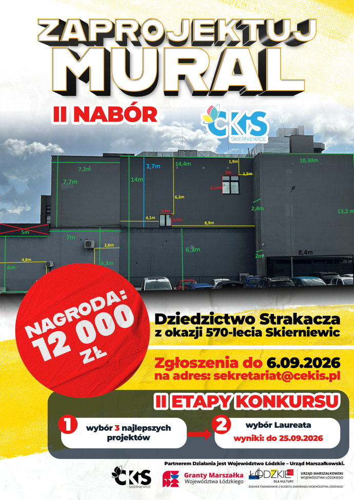 Plakat: ZAPROJEKTUJ MURAL I WYGRAJ NAGRODĘ! (zgłoszenia do 6.09). Materiał Centrum Kultury i Sztuki w Skierniewicach.