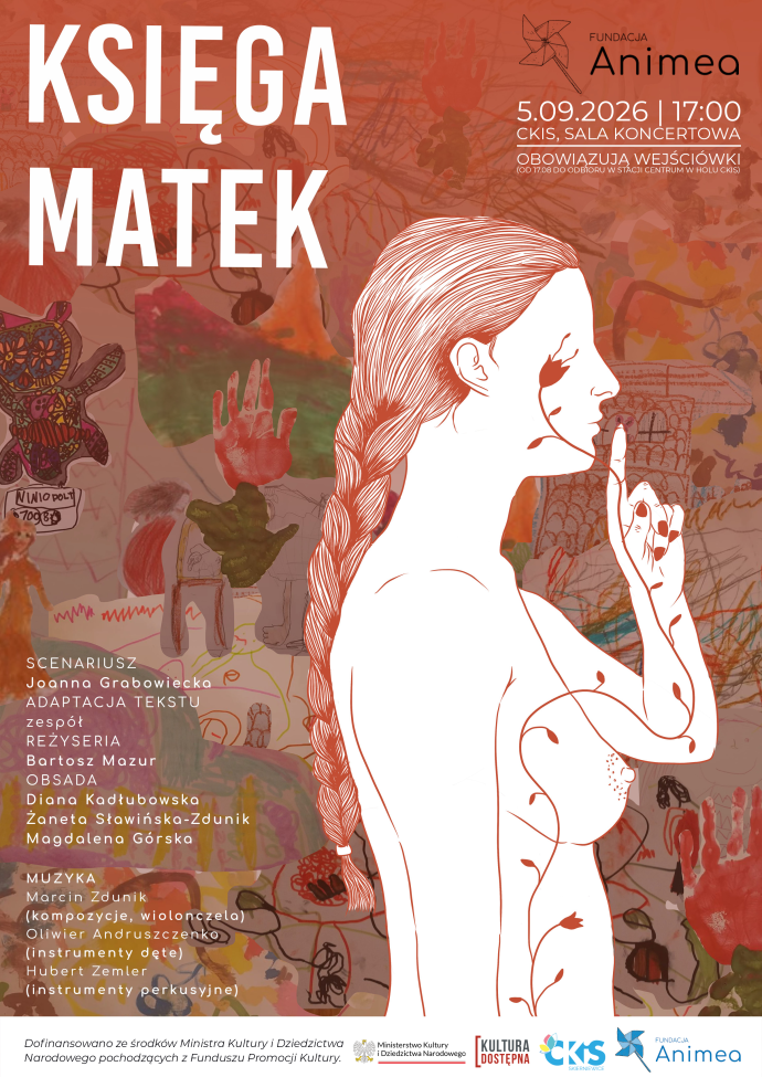 Plakat: Fundacja Animea: spektakl „Księga matek”. Materiał Centrum Kultury i Sztuki w Skierniewicach.