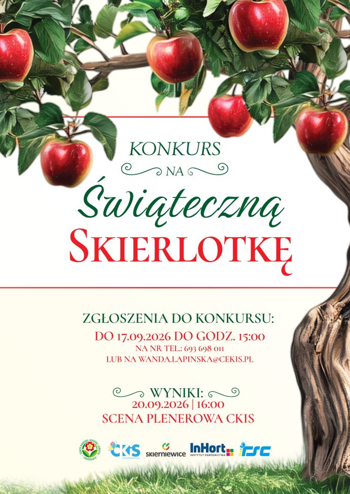 Plakat: Konkurs na Świąteczną Skierlotkę (zgłoszenia do 17.09 do godz. 15:00). Materiał Centrum Kultury i Sztuki w Skierniewicach.
