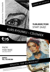 Plakat: Kurs rysunku - Człowiek (pierwsze zajęcia: 11.09.26). Materiał Centrum Kultury i Sztuki w Skierniewicach.