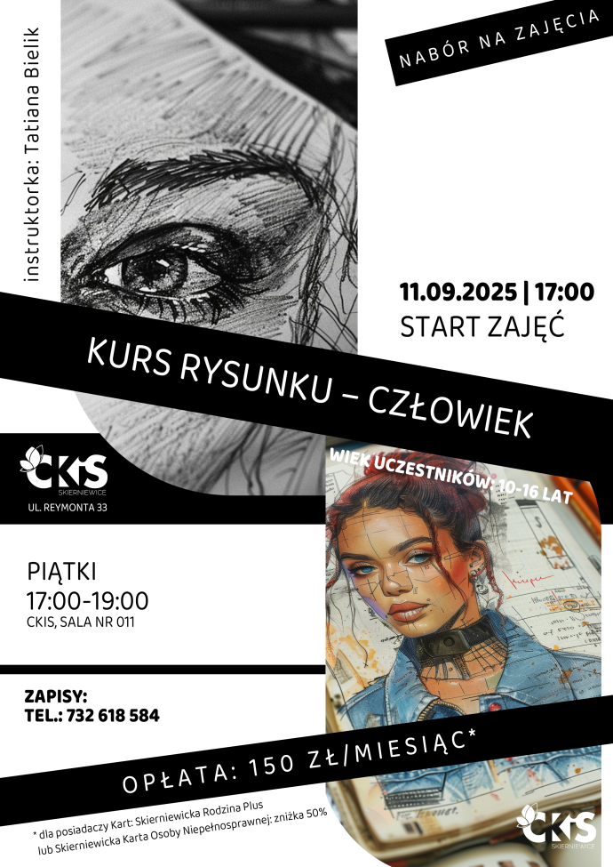 Plakat: Kurs rysunku - Człowiek (pierwsze zajęcia: 11.09.26). Materiał Centrum Kultury i Sztuki w Skierniewicach.