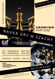 Plakat: Nauka gry w szachy (pierwsze zajęcia: 3.09.2026). Materiał Centrum Kultury i Sztuki w Skierniewicach.