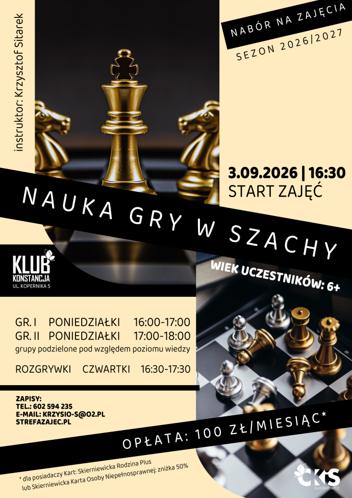 Plakat: Nauka gry w szachy (pierwsze zajęcia: 3.09.2026). Materiał Centrum Kultury i Sztuki w Skierniewicach.