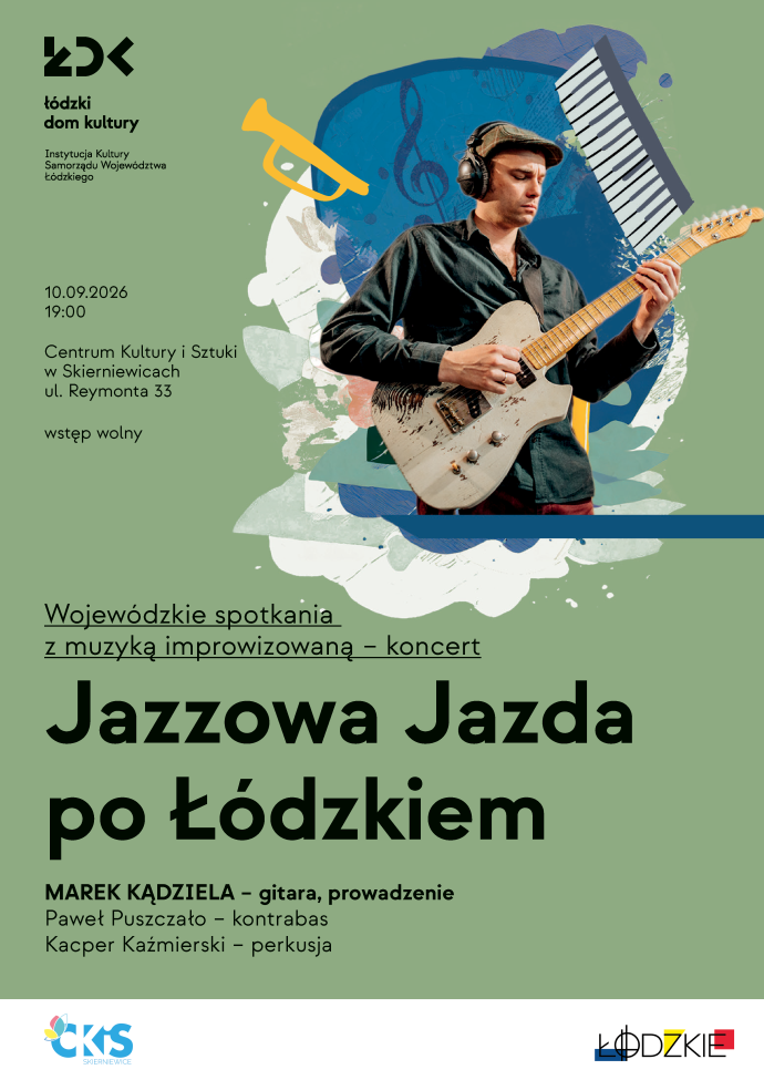Plakat: Jazzowa Jazda po Łódzkiem. Wojewódzkie spotkanie z muzyką improwizowaną. Materiał Centrum Kultury i Sztuki w Skierniewicach.
