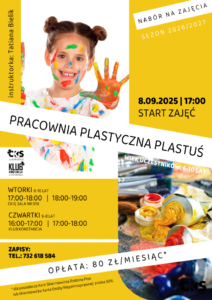 Plakat: Pracownia Plastyczna Plastuś (pierwsze zajęcia: 8.09.2026). Materiał Centrum Kultury i Sztuki w Skierniewicach.