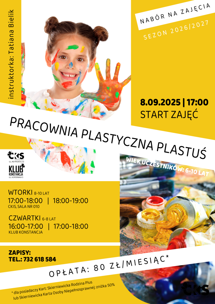 Plakat: Pracownia Plastyczna Plastuś (pierwsze zajęcia: 8.09.2026). Materiał Centrum Kultury i Sztuki w Skierniewicach.