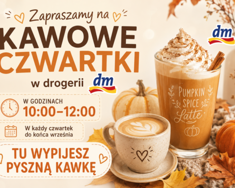 Plakat akcji Kawowe czwartki w drogerii DM: każdy czwartek do końca września, 10:00-12:00