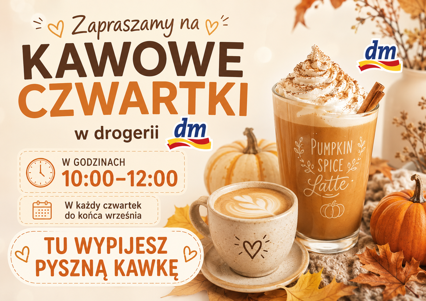 Plakat akcji Kawowe czwartki w drogerii DM: każdy czwartek do końca września, 10:00-12:00