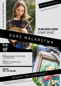 Plakat: Kurs malarstwa (pierwsze zajęcia: 12.09.2026). Materiał Centrum Kultury i Sztuki w Skierniewicach.