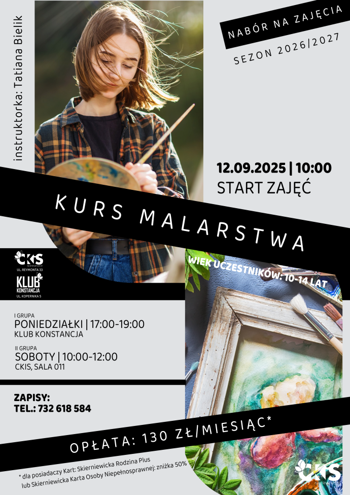 Plakat: Kurs malarstwa (pierwsze zajęcia: 12.09.2026). Materiał Centrum Kultury i Sztuki w Skierniewicach.