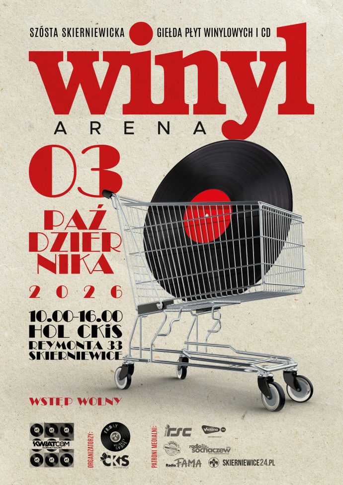 Plakat: Winyl Arena: szósta Skierniewicka Giełda Płyt Winylowych i CD. Materiał Centrum Kultury i Sztuki w Skierniewicach.
