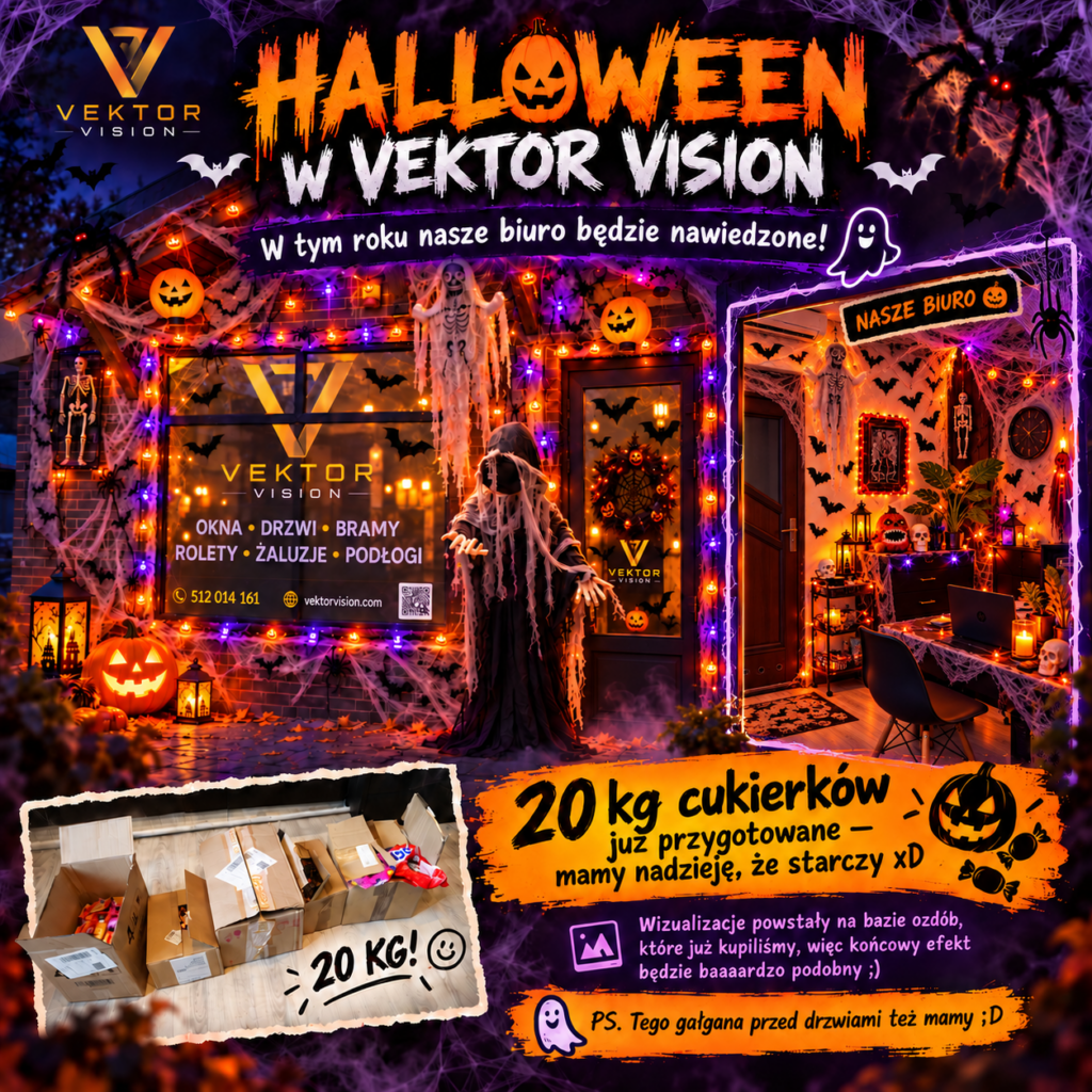 Nawiedzone biuro Vektor Vision w Skierniewicach: elewacja i wnętrze udekorowane na Halloween, dynie, pajęczyny i szkielety. Wizualizacja organizatora.