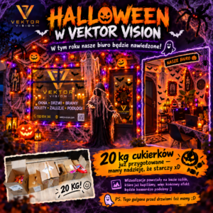 Nawiedzone biuro Vektor Vision w Skierniewicach: elewacja i wnętrze udekorowane na Halloween, dynie, pajęczyny i szkielety. Wizualizacja organizatora.