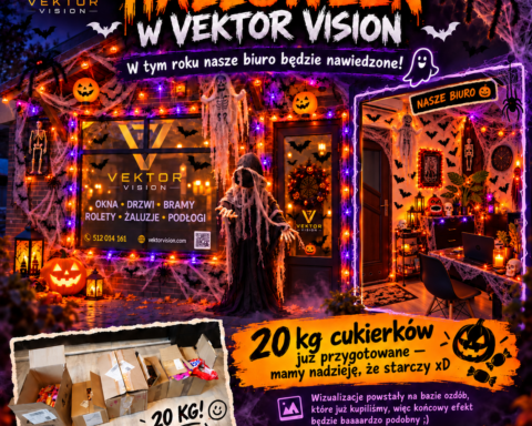 Nawiedzone biuro Vektor Vision w Skierniewicach: elewacja i wnętrze udekorowane na Halloween, dynie, pajęczyny i szkielety. Wizualizacja organizatora.