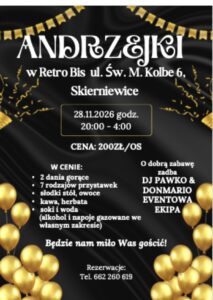 Plakat zabawy andrzejkowej w Retro Bis w Skierniewicach, 28 listopada 2026