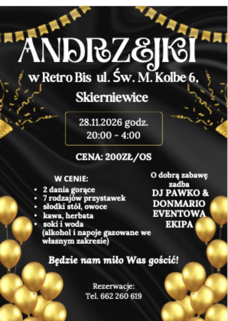 Plakat zabawy andrzejkowej w Retro Bis w Skierniewicach, 28 listopada 2026