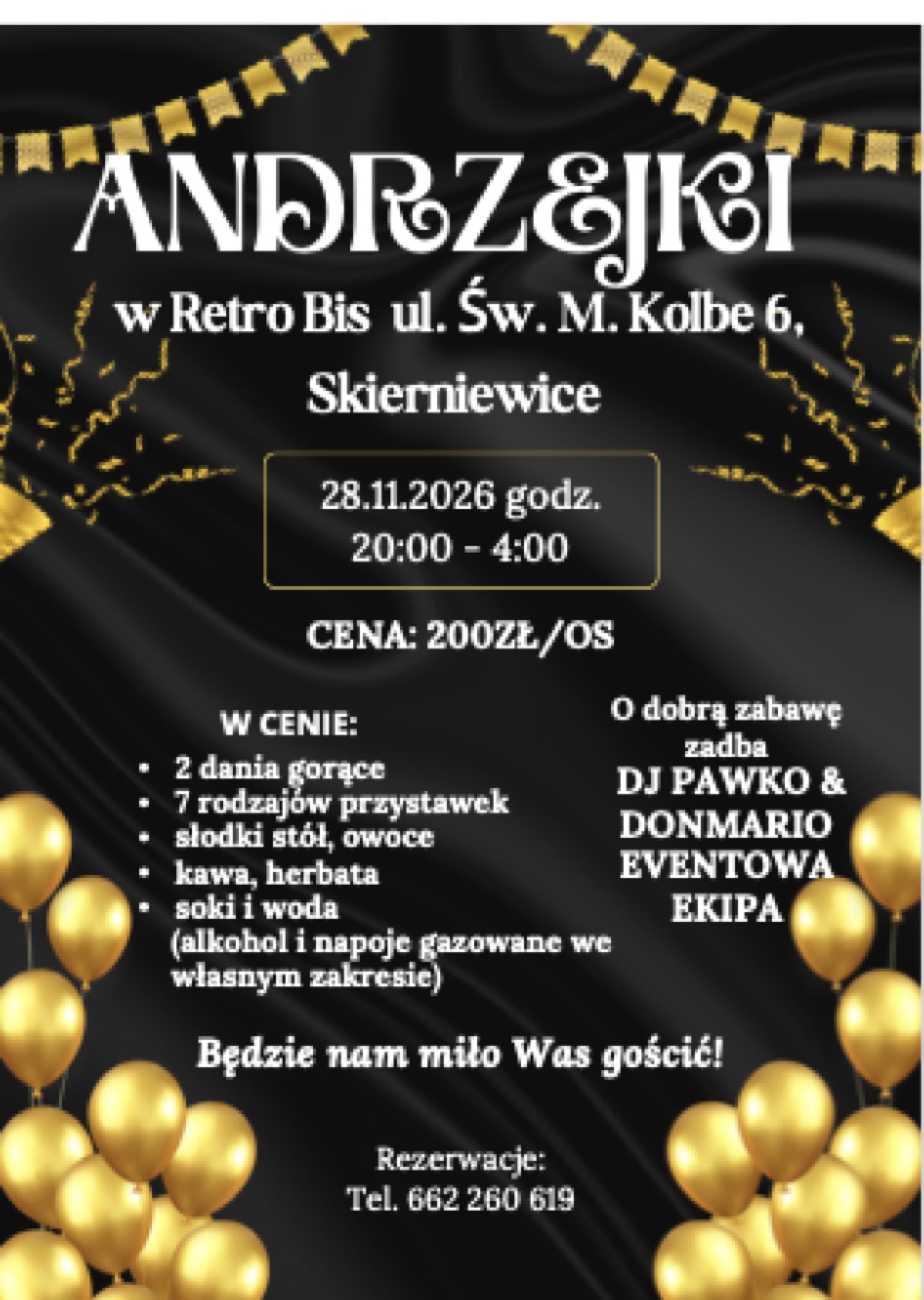 Plakat zabawy andrzejkowej w Retro Bis w Skierniewicach, 28 listopada 2026