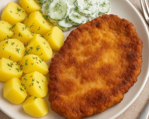 Panierowany kotlet schabowy z ziemniakami z koperkiem i mizerią