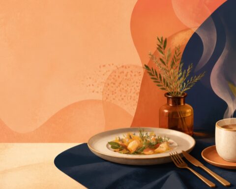 Ilustracja nakrytego stołu z potrawą, filiżanką i świeżymi ziołami.