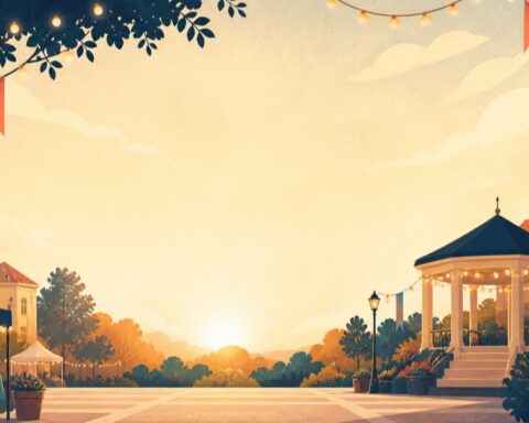 Ilustracja miejskiego placu ze stoiskami i dekoracyjnym oświetleniem.