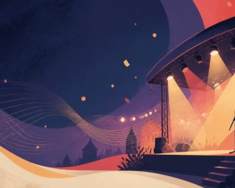 Ilustracja plenerowej sceny koncertowej z mikrofonem i światłami.