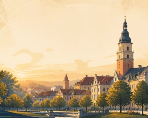Ilustracja panoramy miasta z zabytkową wieżą, kamienicami i zielenią.