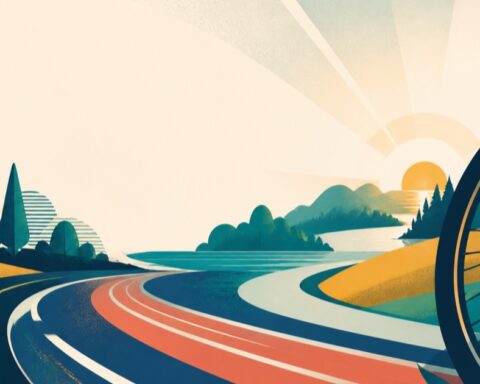 Ilustracja bieżni i roweru w zielonym krajobrazie nad wodą.