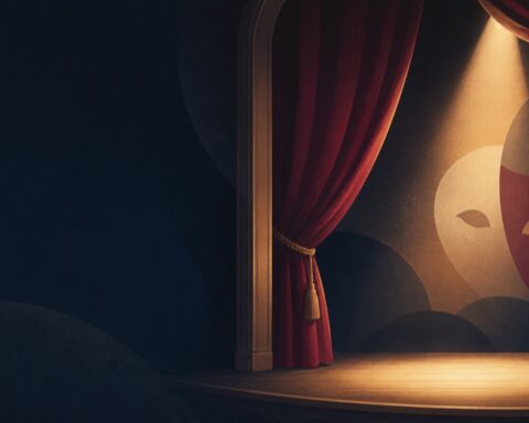 Ilustracja sceny teatralnej z kurtynami, reflektorem i maskami.